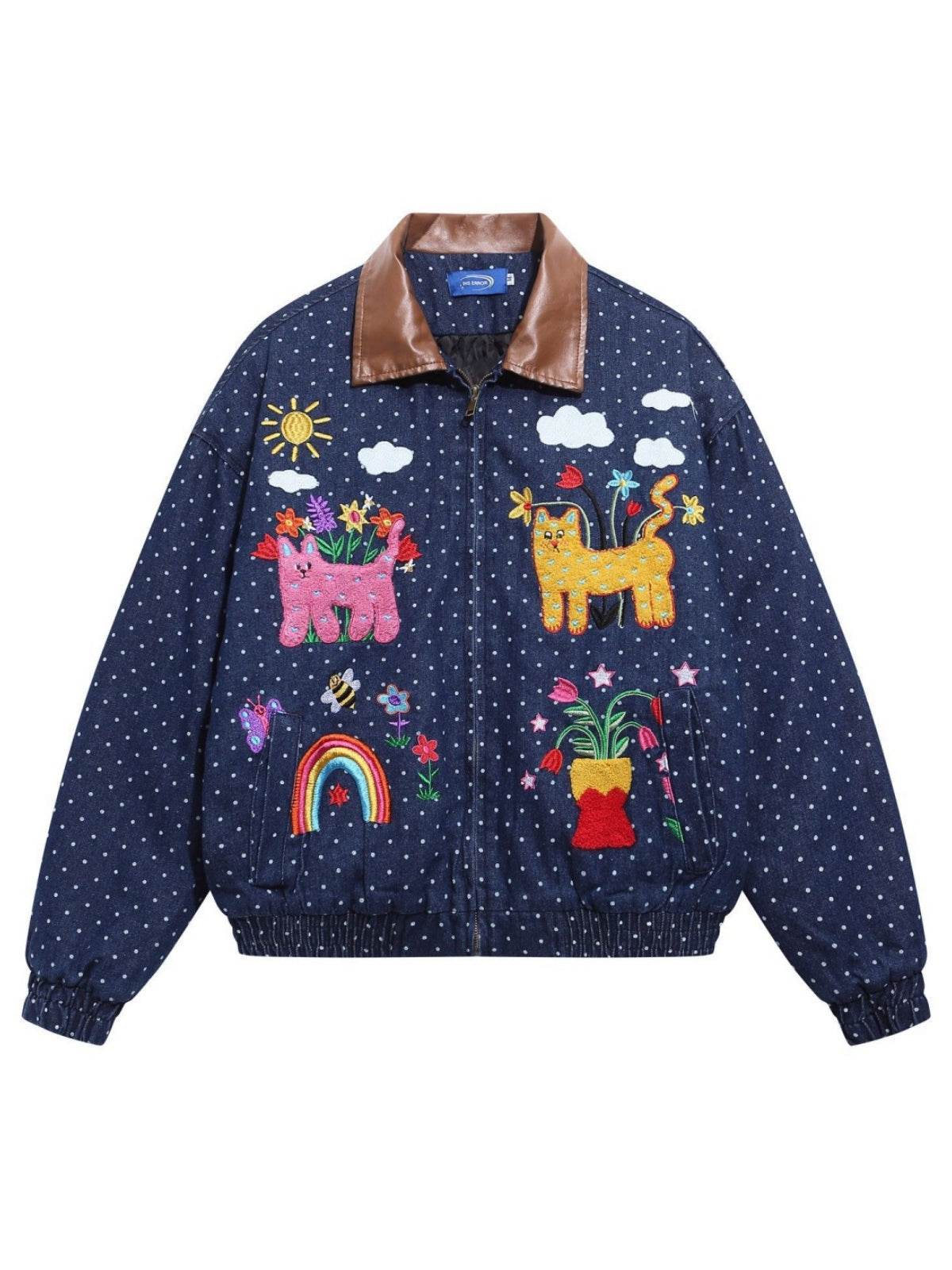 Retro Colorful Cat Polka Dots Splicing Lapel Thickening Jackets