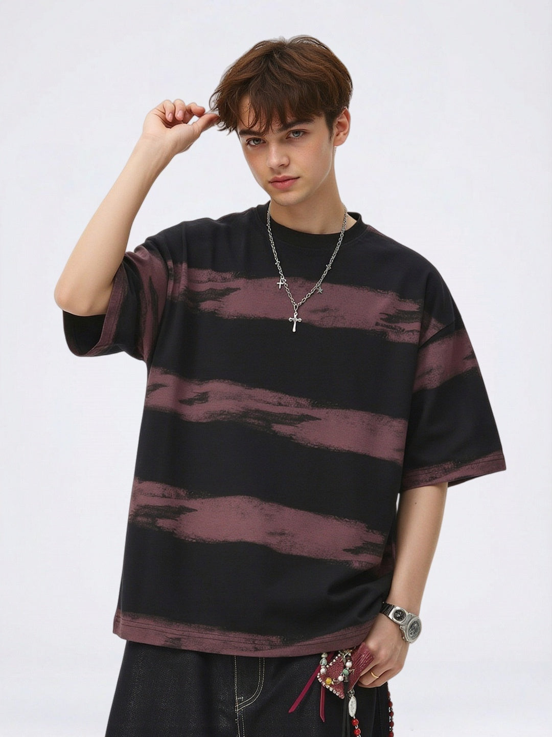 Imitation Tie-dye Stripes Pure Embroidery T-shirts