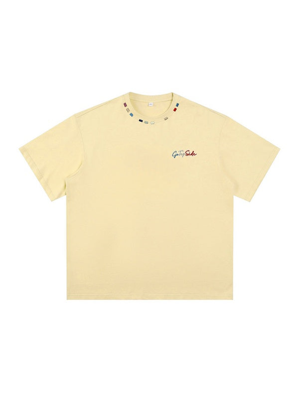 Color-blocked Colorful Embroidery Loose-fit T-shirts