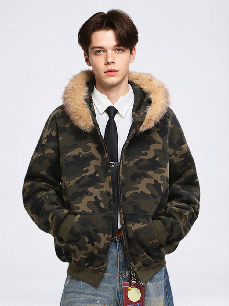 Vintage Camo Faux-Fur-Collar Hooded Jacket