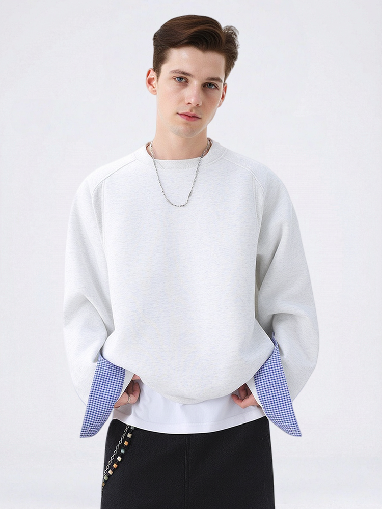 Plaid-Panel Clean-Fit Boxy Crew-Neck Sweatshirt