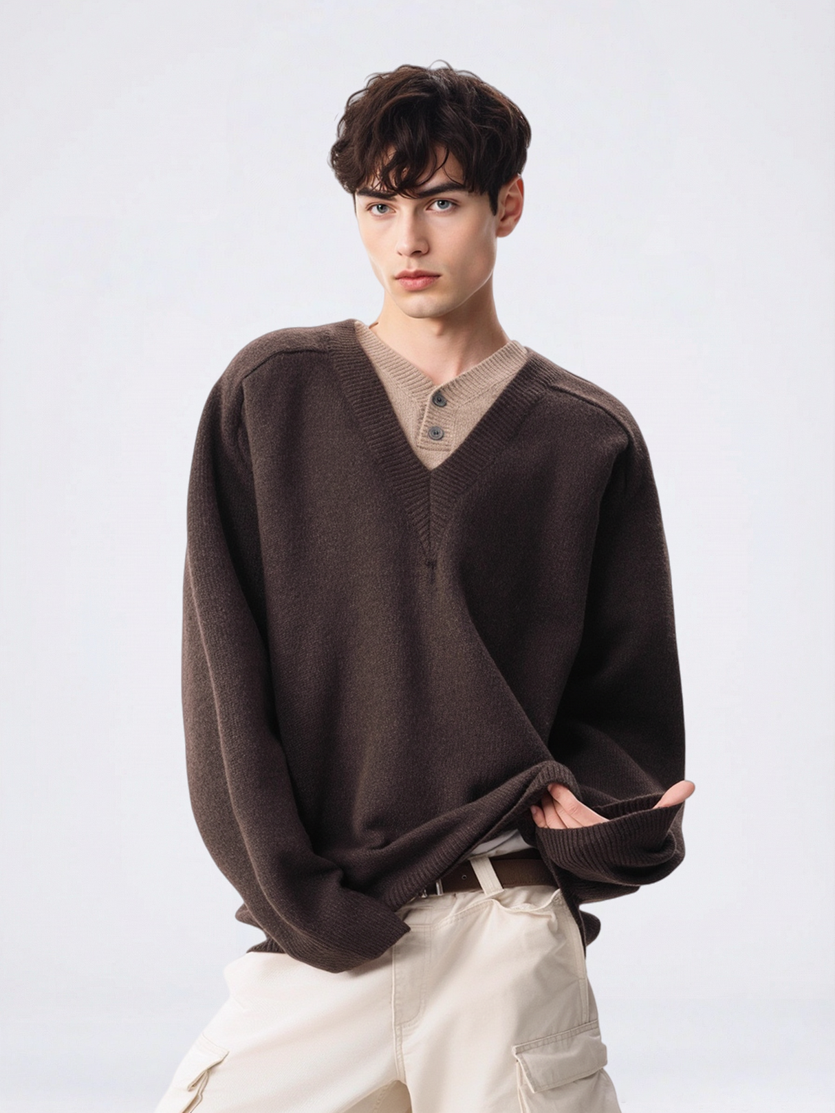 Retro Faux-Layer V-Neck Patchwork Oversized Knit Pullover