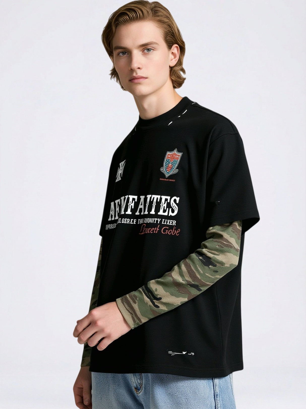 Hole Camouflage Splicing Fake Two Pieces Long-sleeved T-shirt