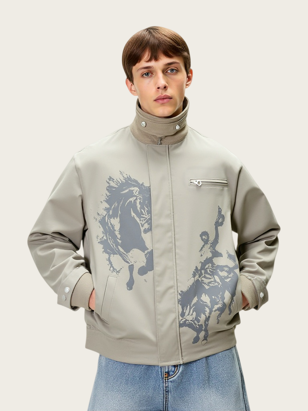 Printed Contrasting Colors Lapel Loose Work Jacket