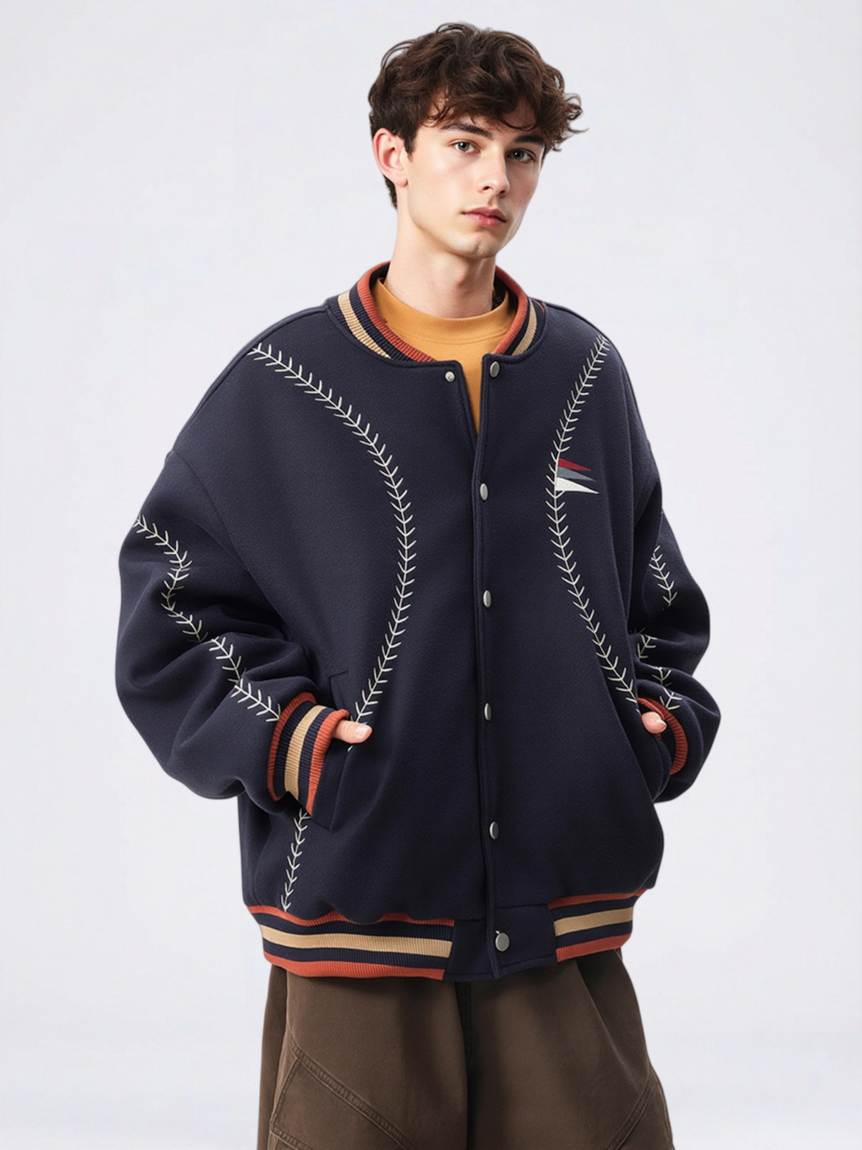 Ethnic-Embroidered Wool-Blend Varsity Jacket