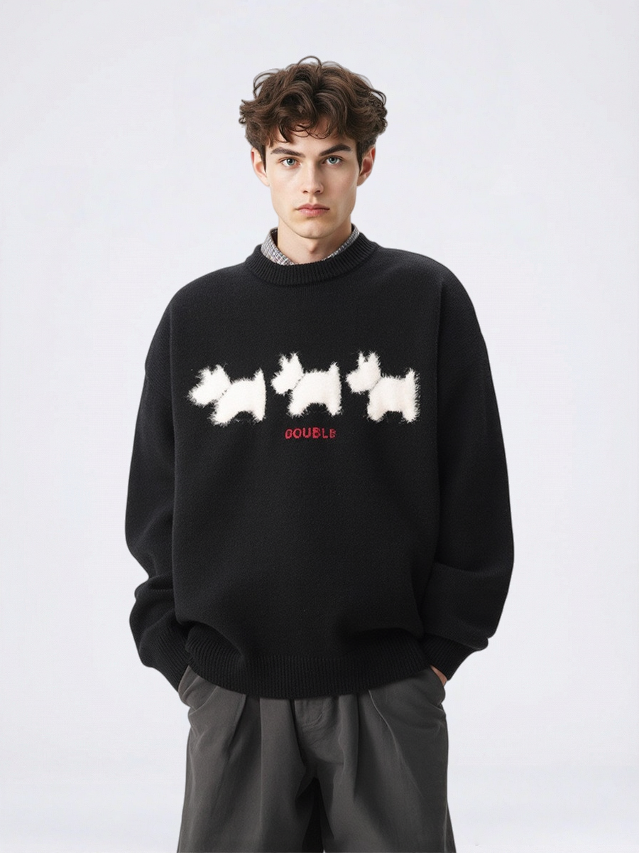 Flocked Puppy-Print Preppy Oversized Sweater
