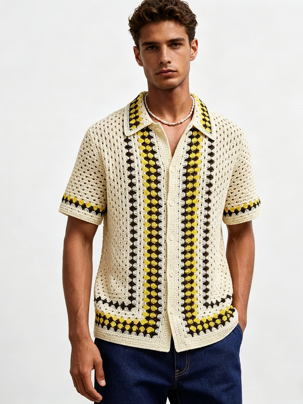 Ethnic Style Crochet Hollow Knitting Holiday Style POLO Shirt