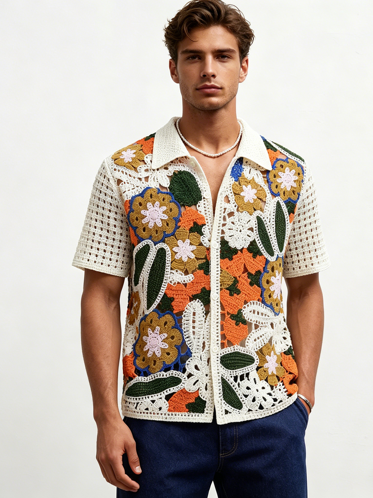 Manual Crochet Hollow Ethnic Style Jacquard POLO Shirt