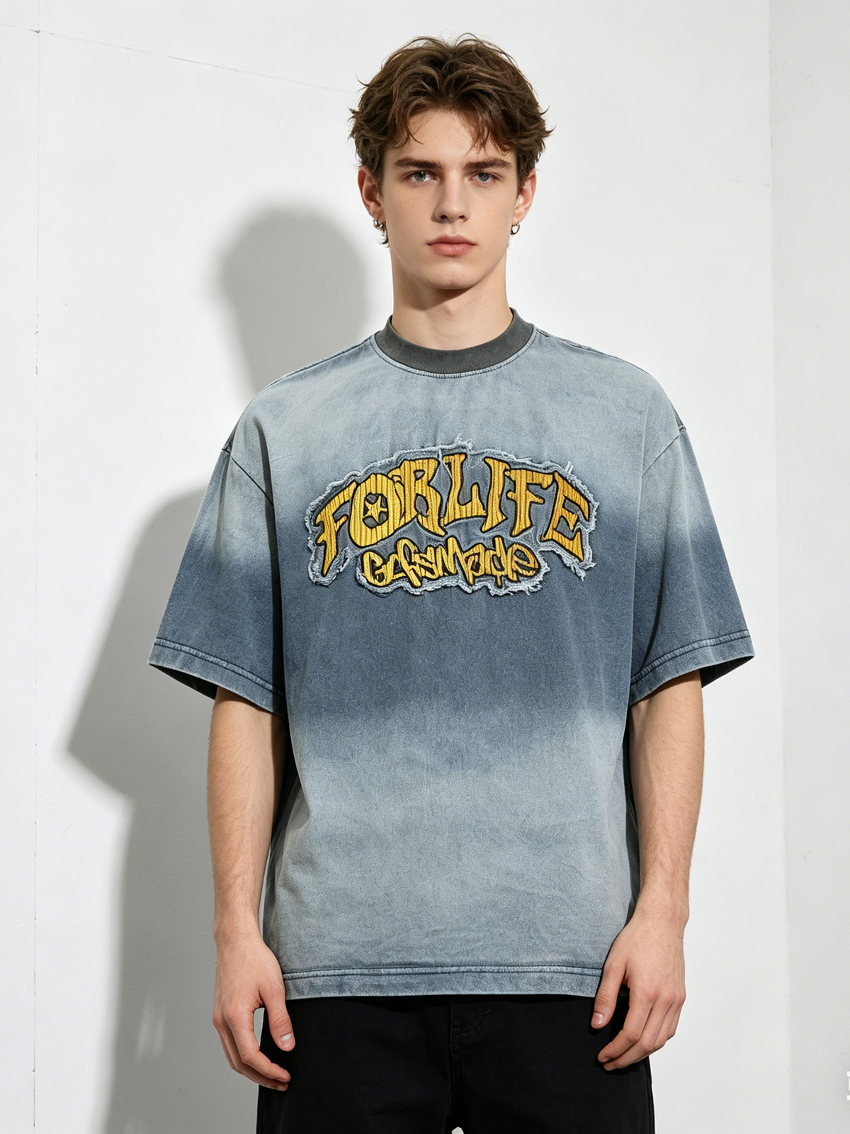 Tie-dye Gradient Washed Distressed Embroidery Denim T-shirt