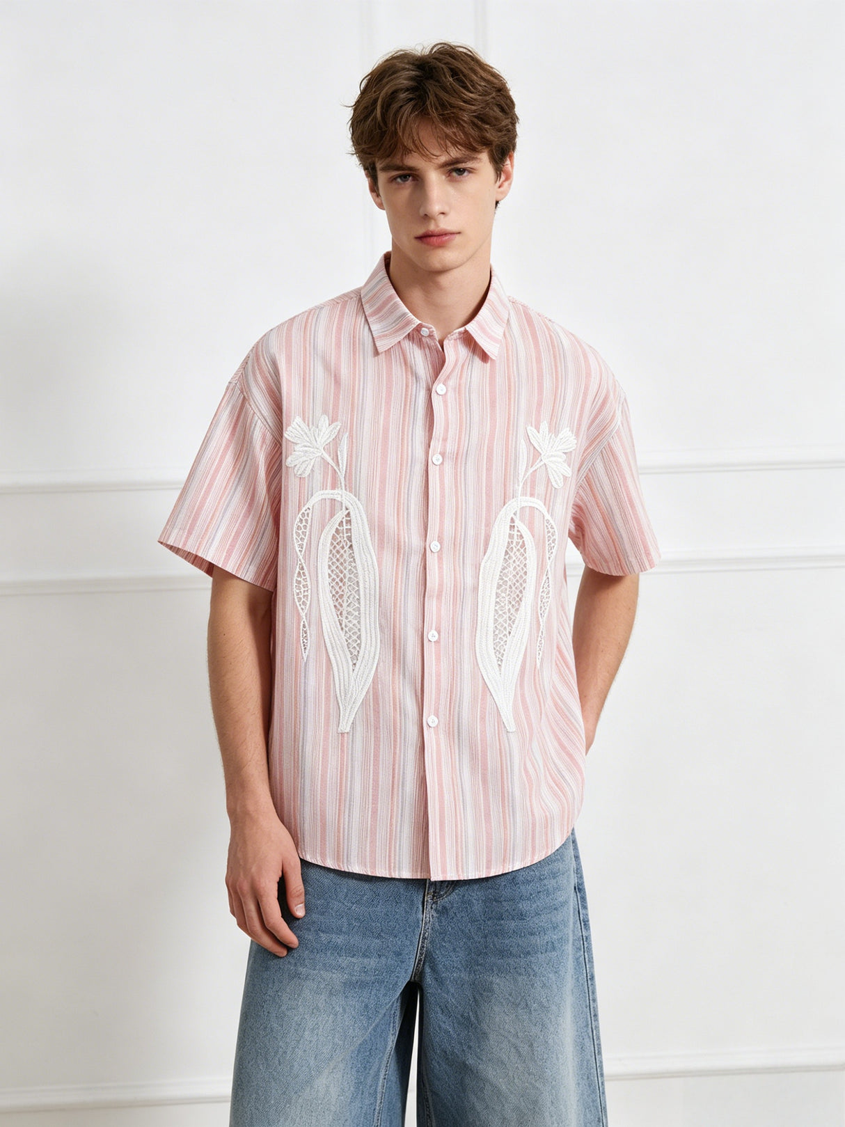 Pink Stripes Vibe Embroidery Hollow Out Shirts