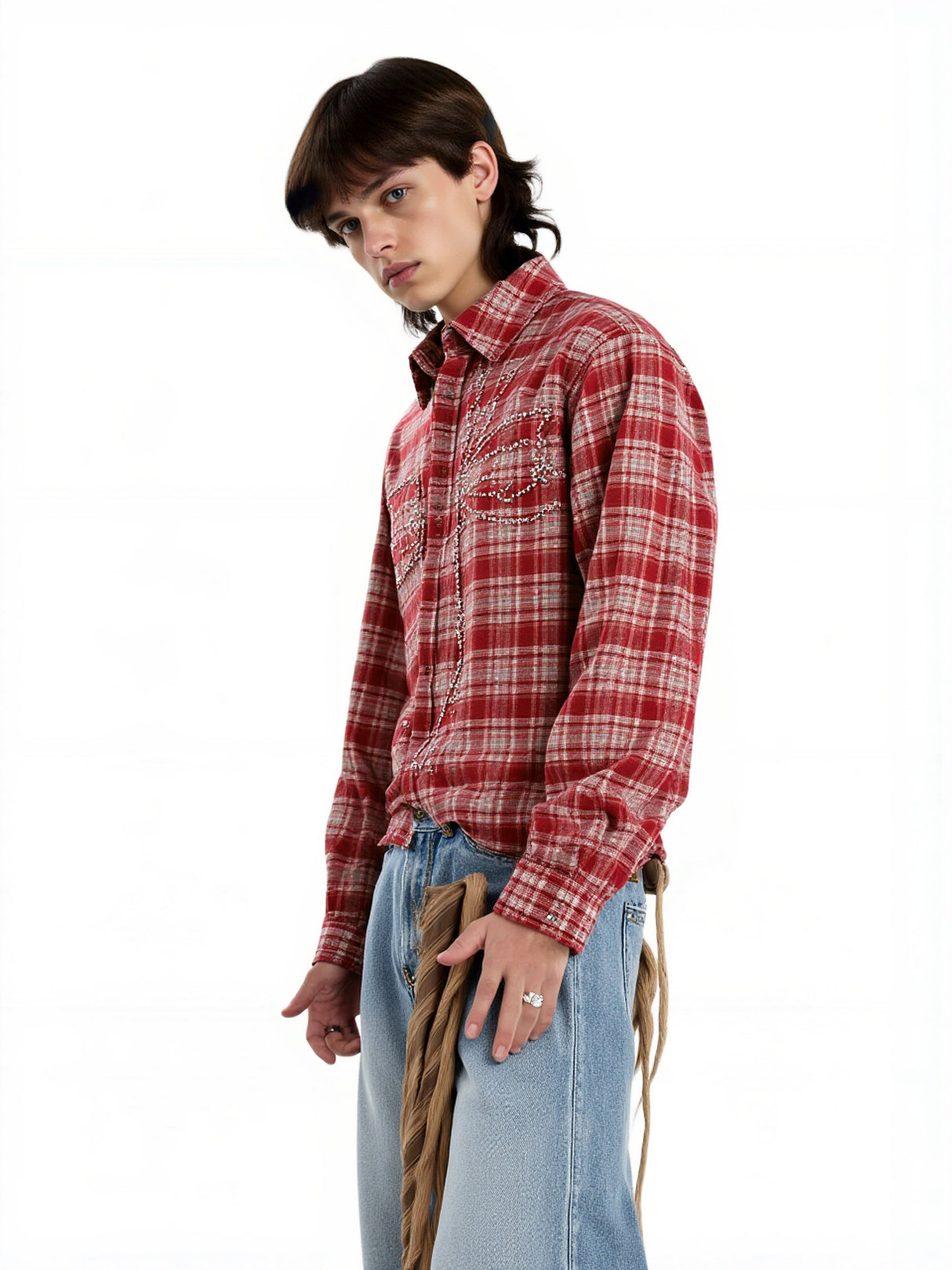 Loose Plaid Cross Beading Long-sleeved Shirt