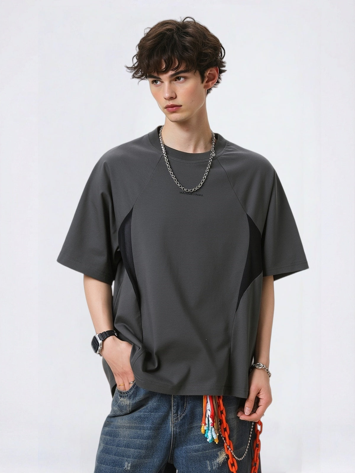 Color-blocked Mesh Patchwork Letter Print T-shirts