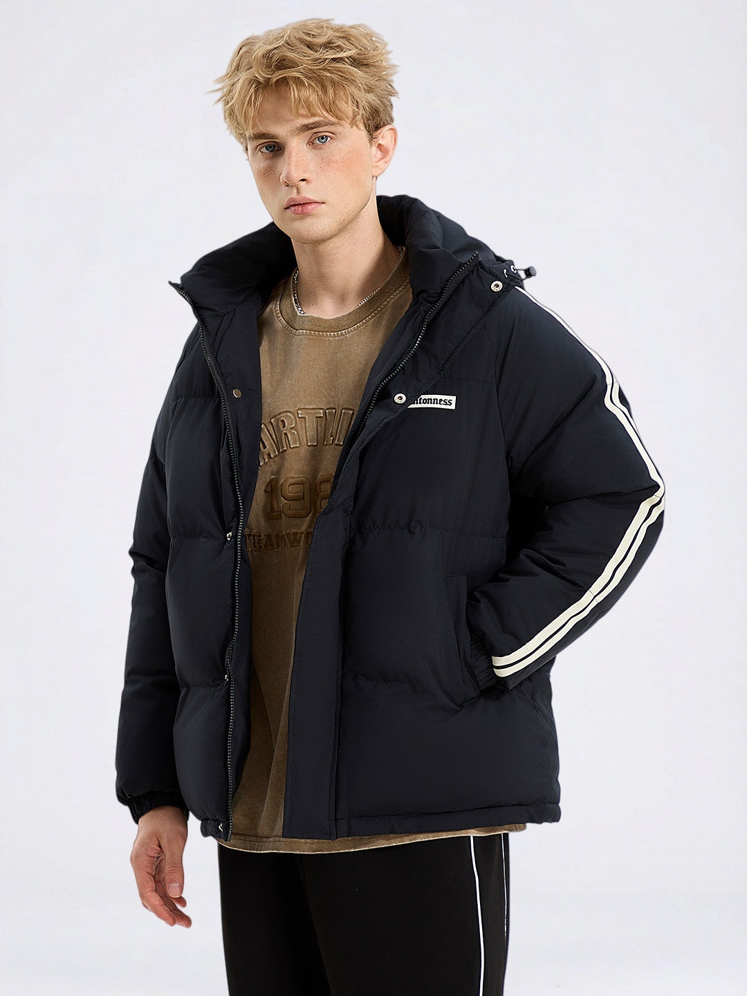 Stand-Collar Webbing-Trim Loose Thermal Puffer Jacket