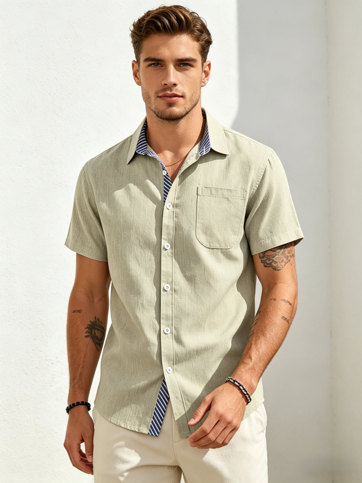 Cotton And Linen Color-blocked Shirts