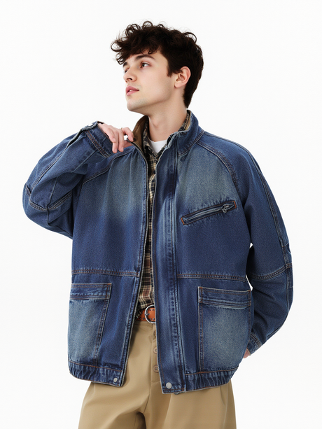 Retro Washing Stand Collar Zipper Workwear Denim Jacket