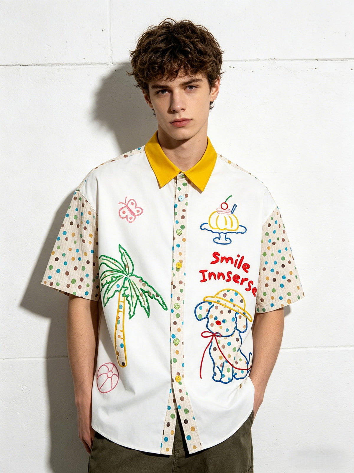 Cartoon Puppy Embroidery Hip Hop Dot Color-blocked Shirts