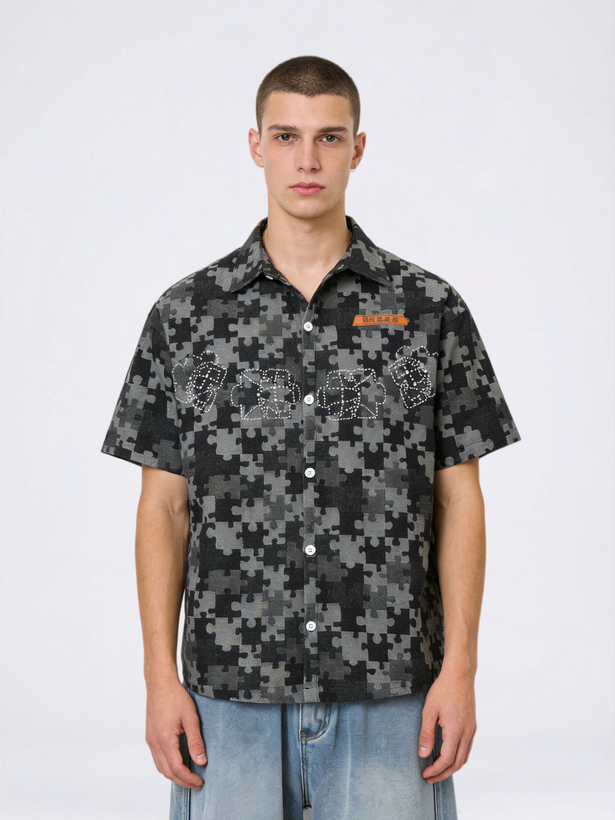 Retro Puzzle Rhinestone-studded Floral Shirts