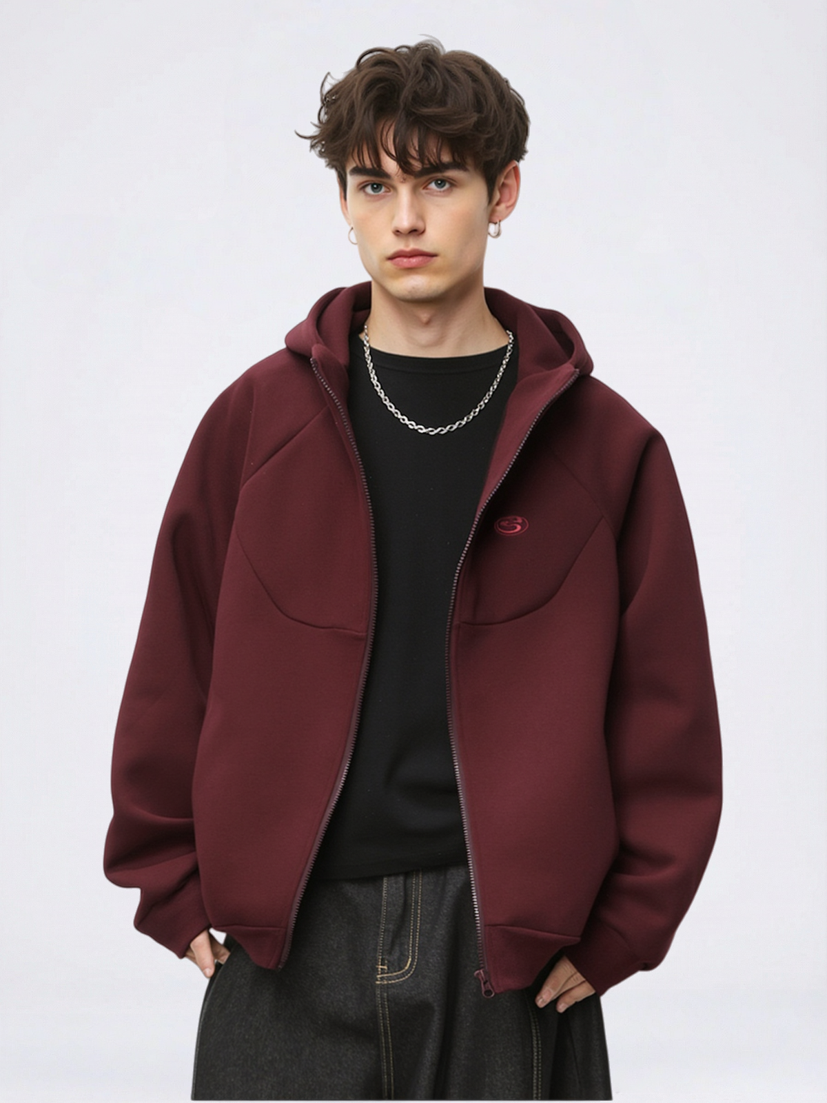 Boxy Color-blocked Embroidery Hoodies Cardigan