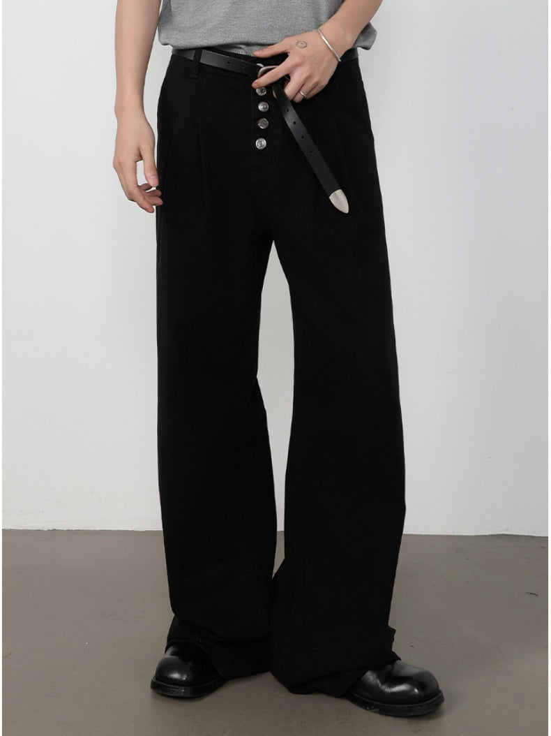 Retro Straight-fit Double Pleat Button Loose-fit Denim Pants