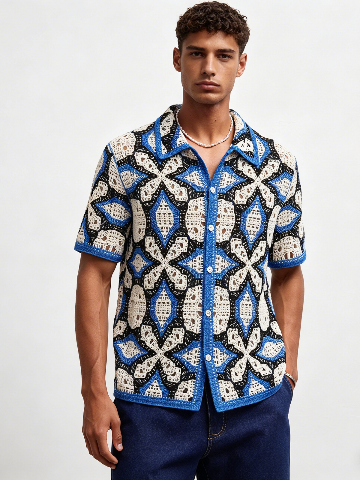 Geometry Jacquard Hollow Knitting Vacation Polo Shirts