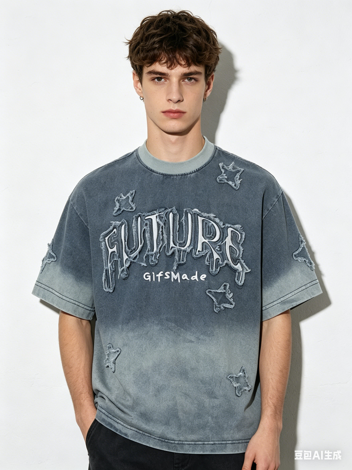 Washed Patches Stereo Embroidery Denim T-shirt