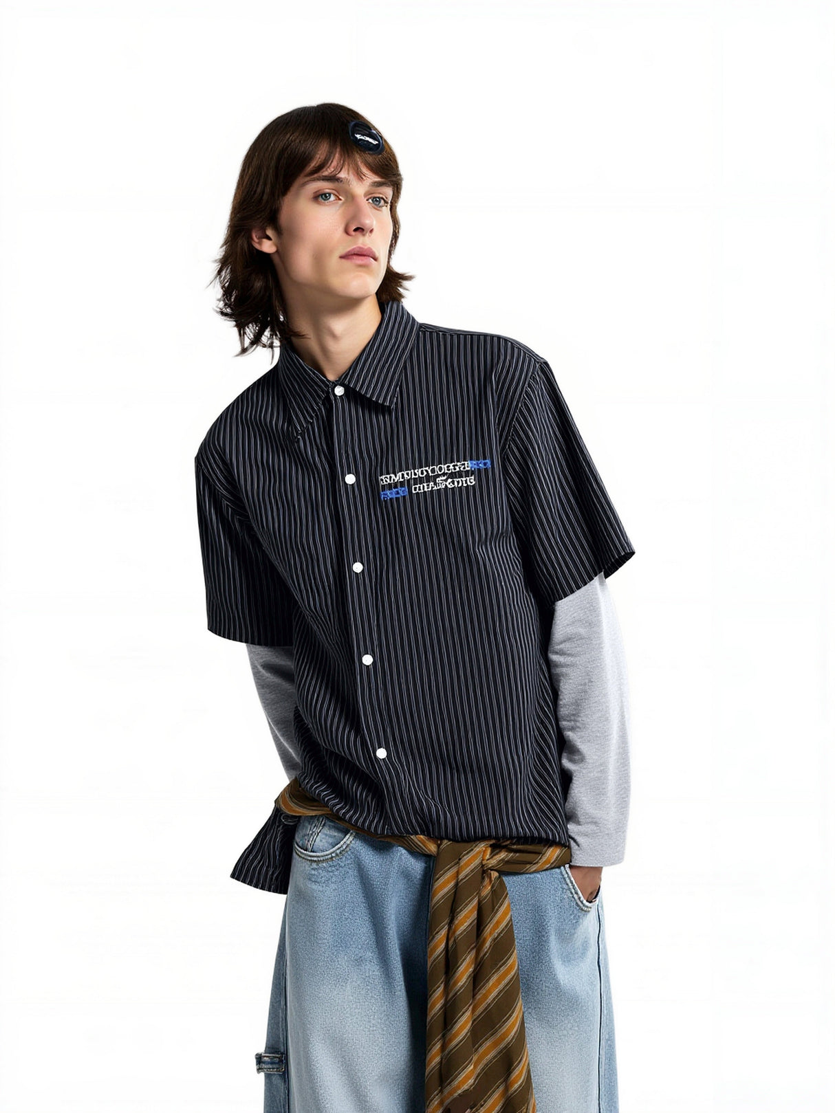 Fake Two Pieces Splicing Vertical Stripe Loose Long-sleeved Shirt