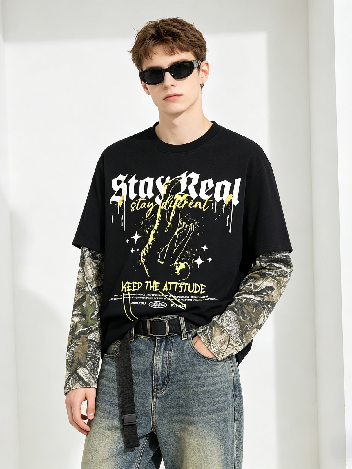 Retro Camouflage Layered-look Cropped Loose-fit T-shirts