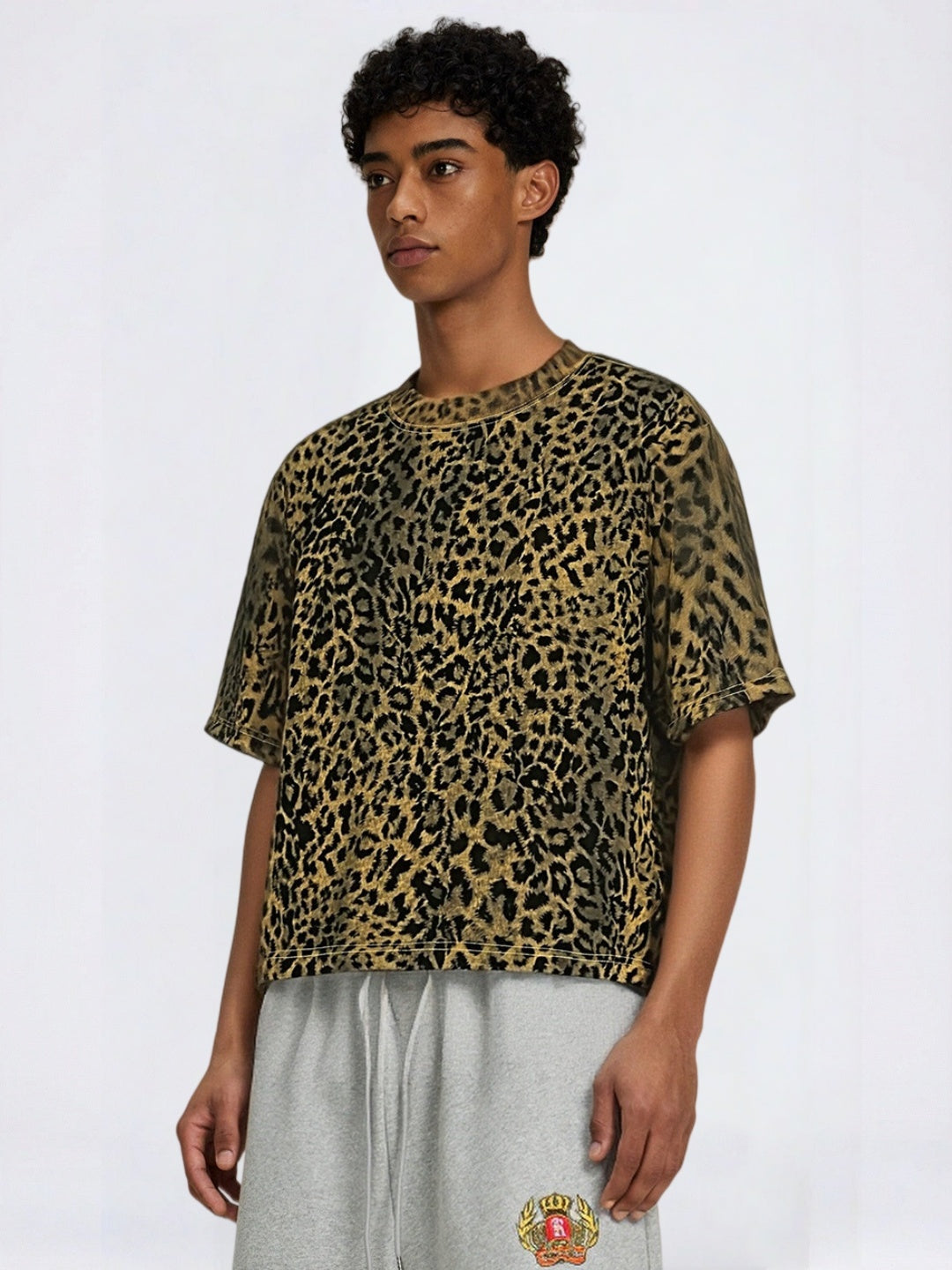 Loose-fit Cropped Leopard Print Printed T-shirt