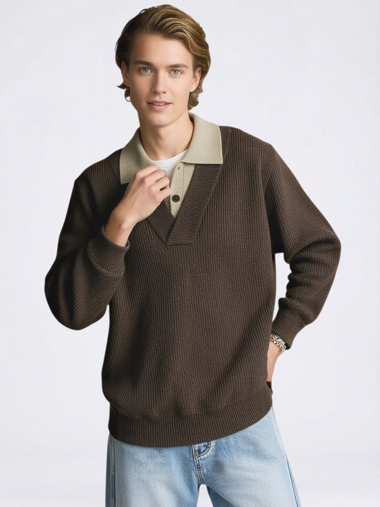 Layered-look Notch-Collar Sweater