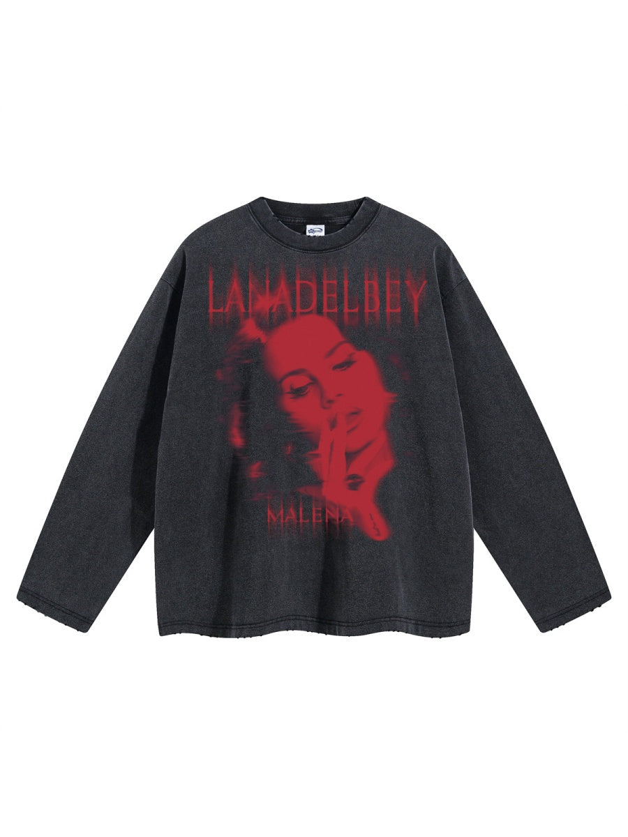 Red Avatar Pattern Wasteland Style Frayed Edge Printed Long-sleeved T-shirt