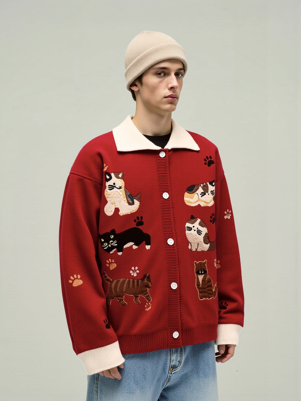 Christmas Retro Cute Cat Embroidery Lapel Sweater