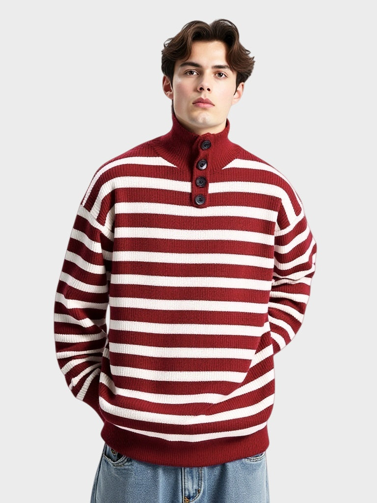 Contrasting Colors Stripes Thickening Red Turtleneck Sweater
