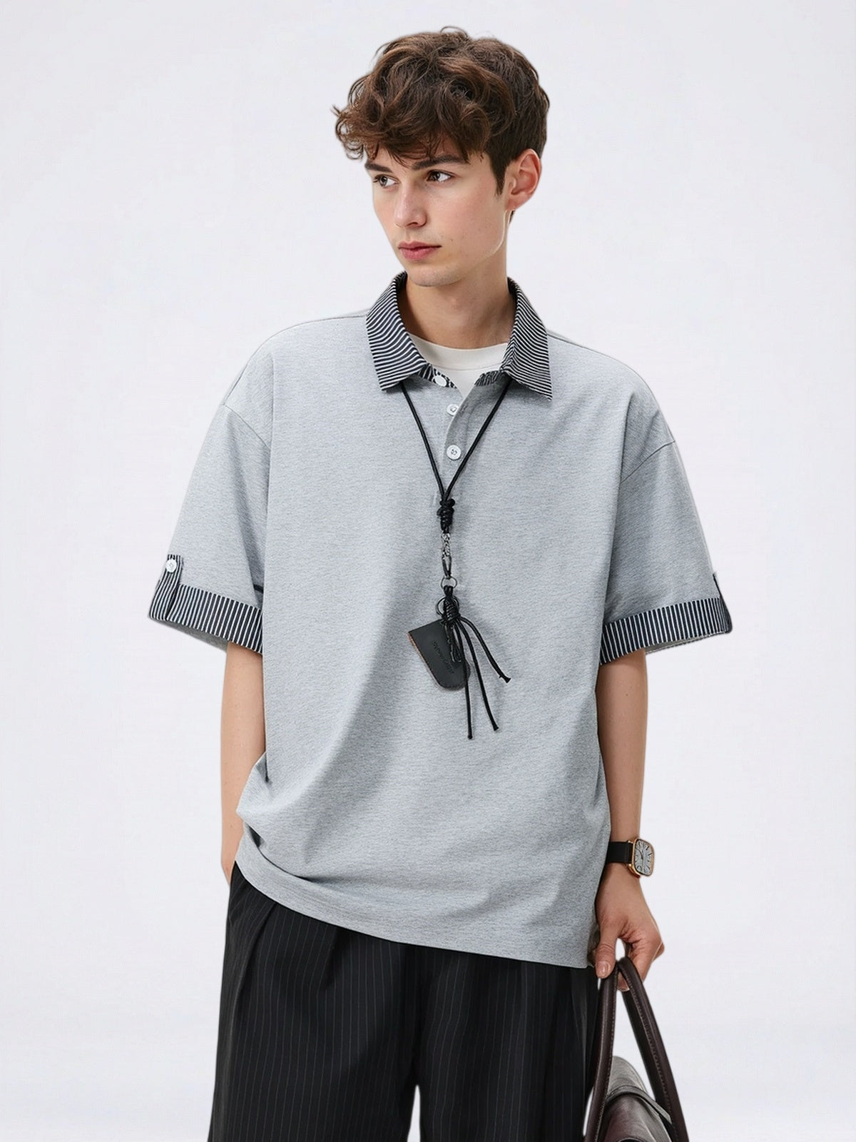Color-blocked Layered-look Stripes Patchwork Polo Shirt