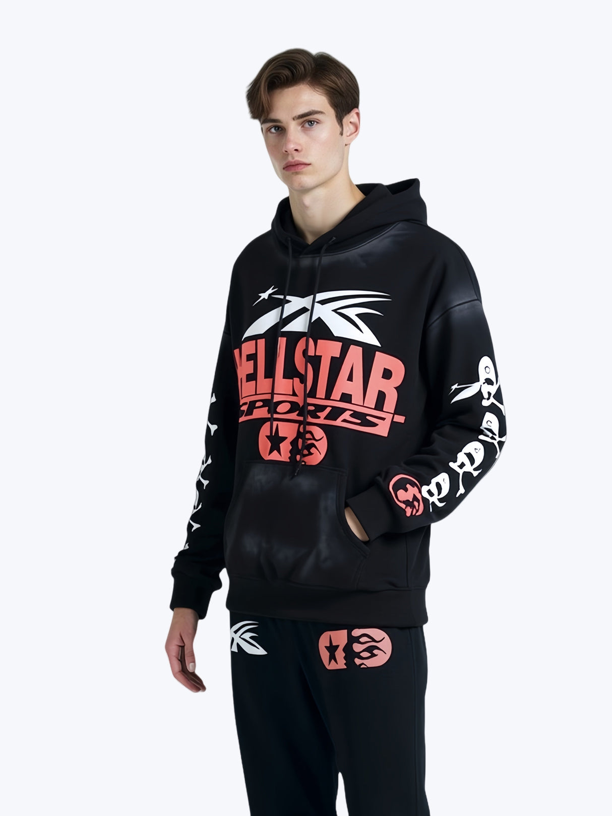 Washing Water Old Printed Hooded Sweatshirt Trousers Set