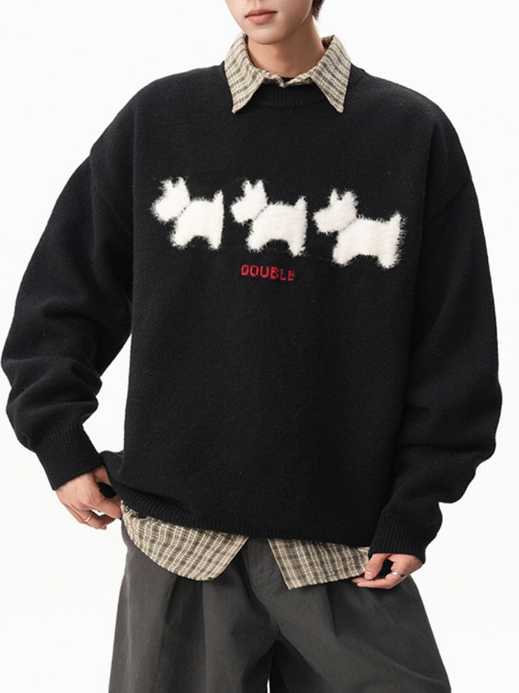 Flocked Puppy-Print Preppy Oversized Sweater