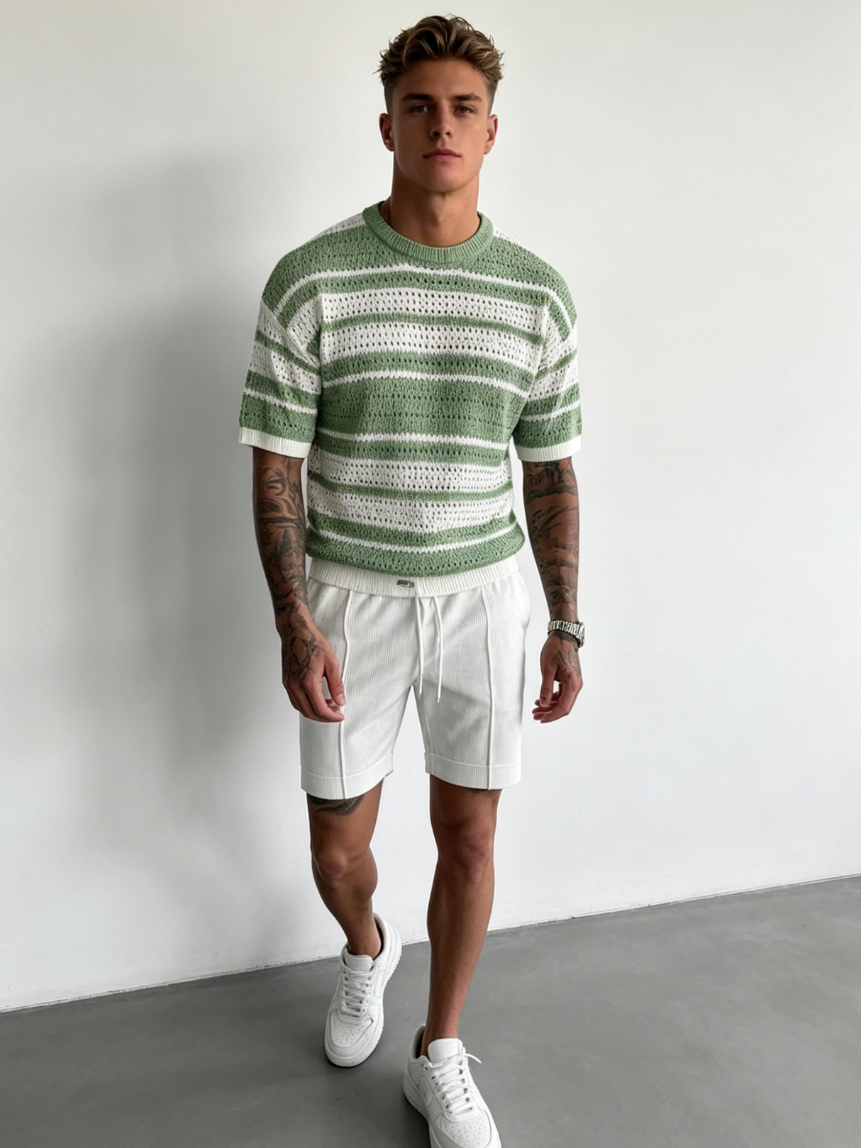Hollow Out Color-blocked Retro Stripes Knitting T-shirts
