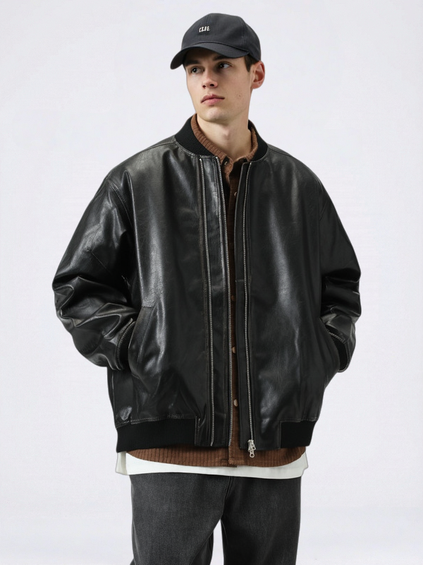Retro Loose-fit Simple Leather Jacket
