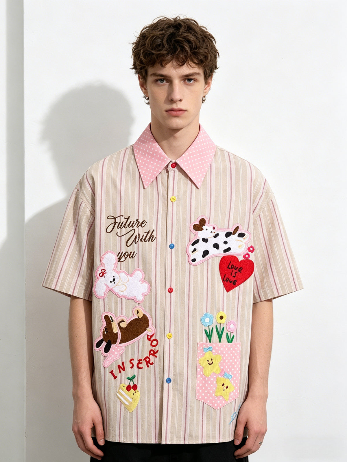 Cartoon Embroidery Vertical Stripe Hip Hop Loose-fit Color-blocked Shirts