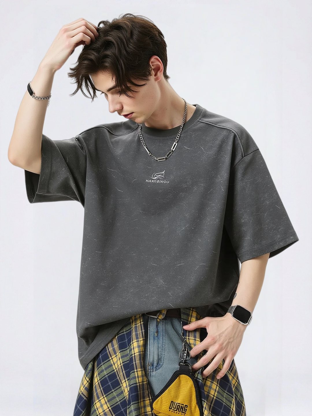 Reflective Strips Letter Applique Loose-fit Distressed T-shirts