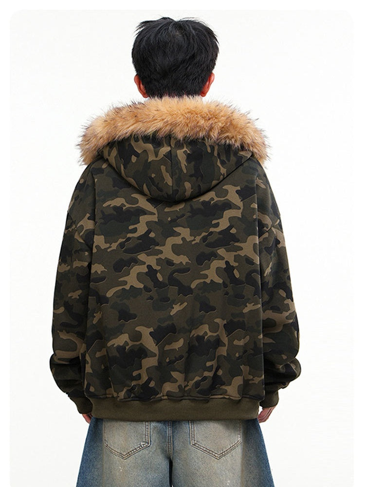 Vintage Camo Faux-Fur-Collar Hooded Jacket