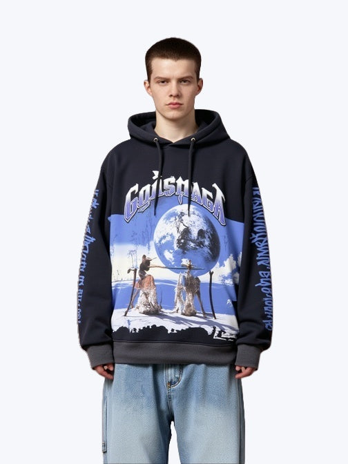 Rock Washed And Aged Printed Hooded Sweatshirt