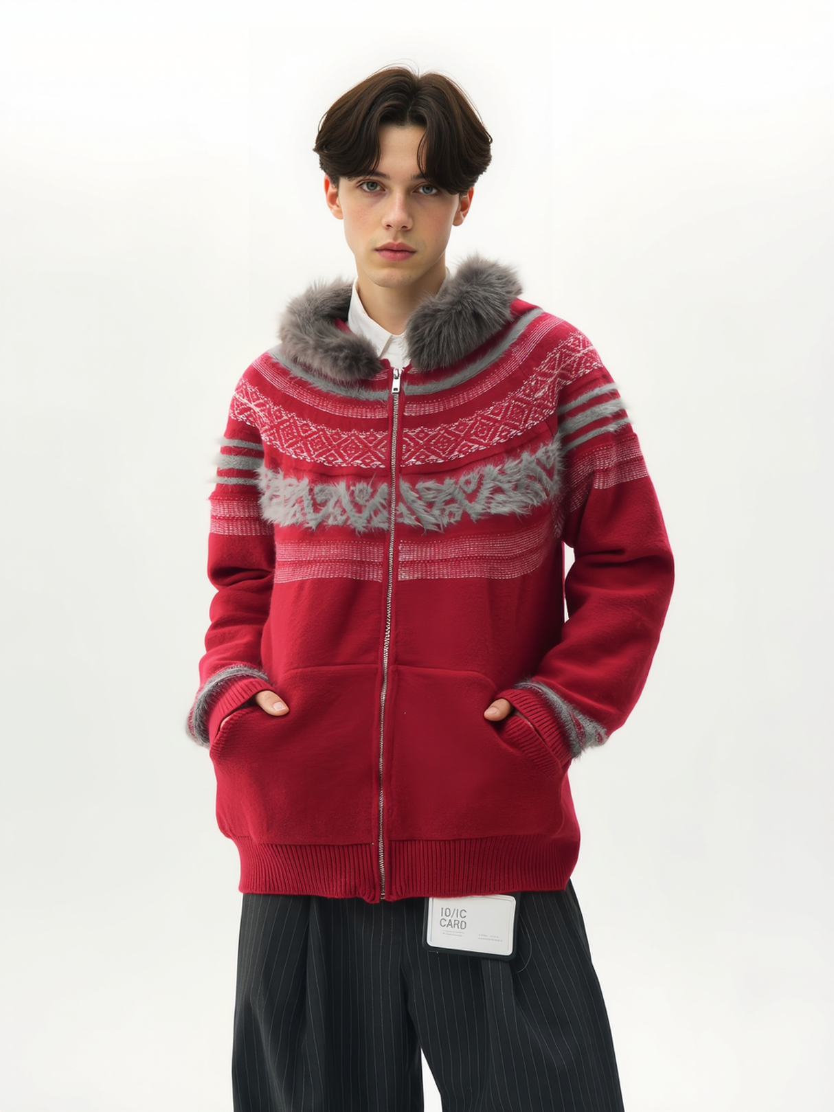 Fair Isle Pattern Fur Collar Hooded Splicing Cardigans