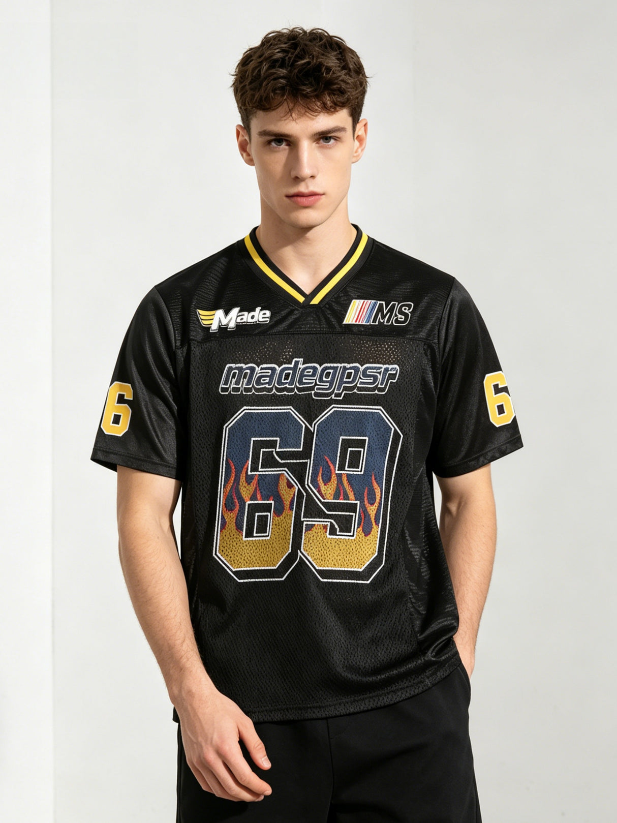 Patchwork Mesh 69 Flame College Style T-shirt