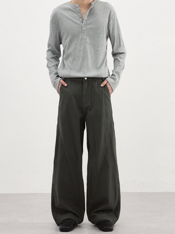 Slub-Weave Color-Block Washed Straight-Leg Pants