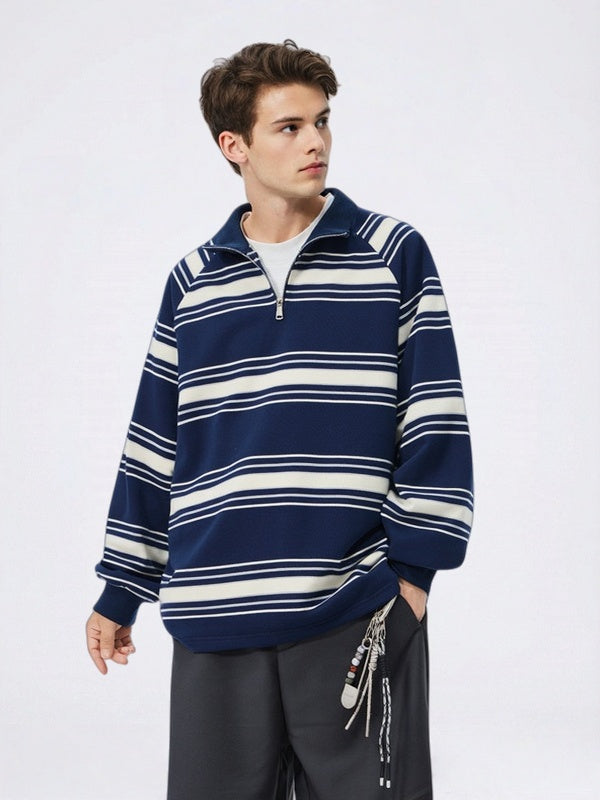 Mock Neck Zipper Stripes Raglan Sleeves Sweatshirts