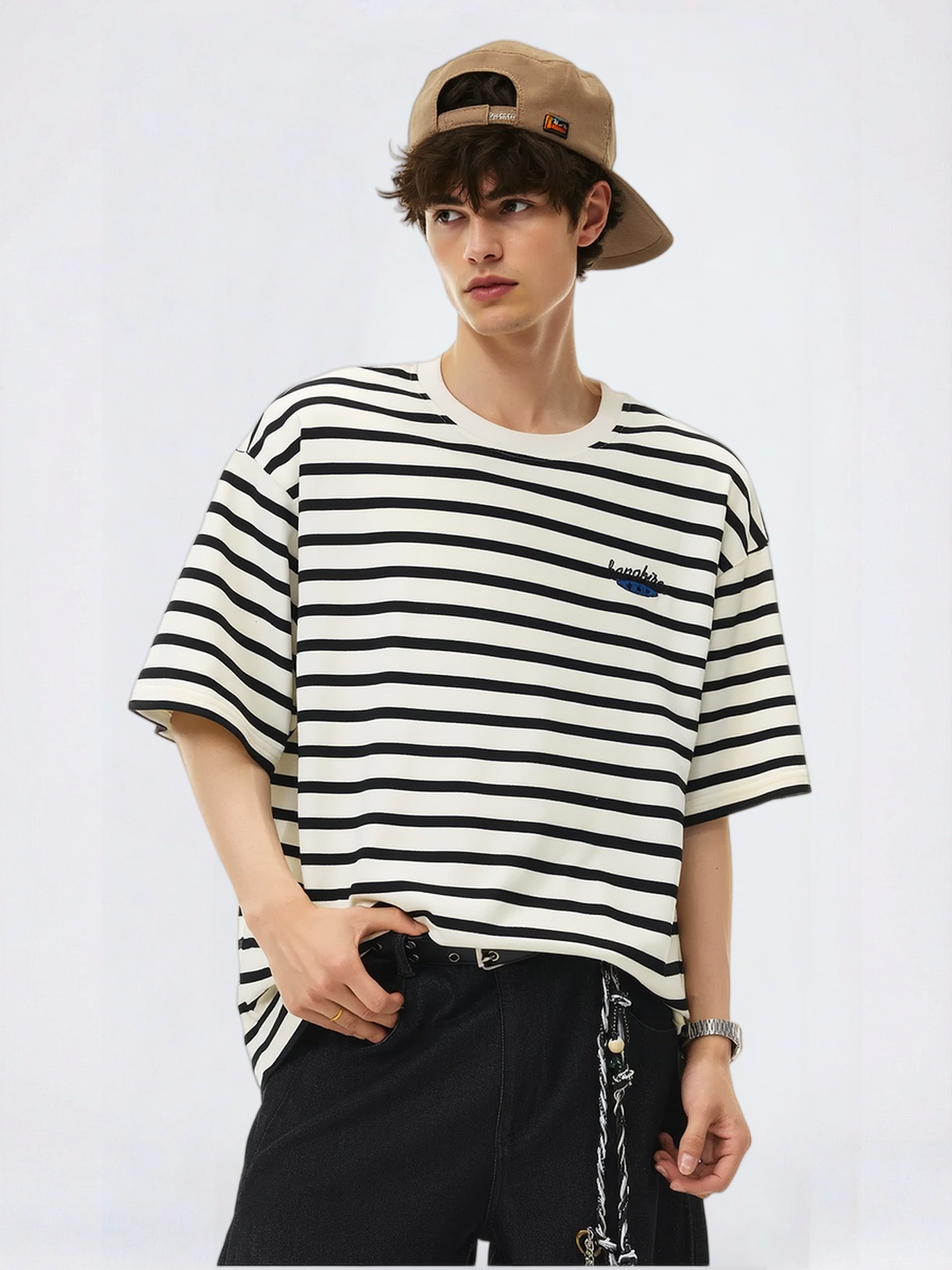 Color-blocked Stripes Letter Applique T-shirts