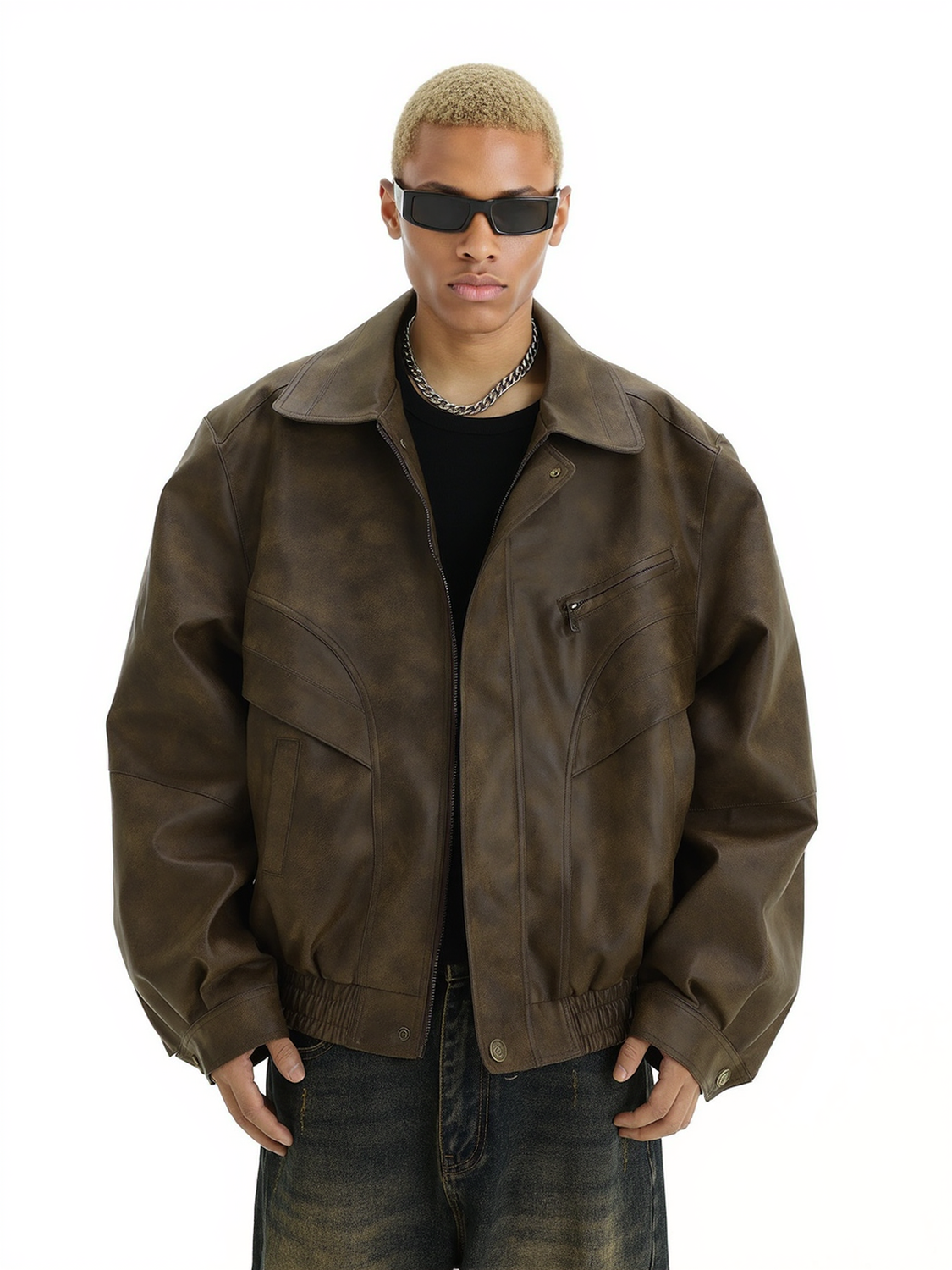 Braune Lederjacke mit Used-Look-Revers