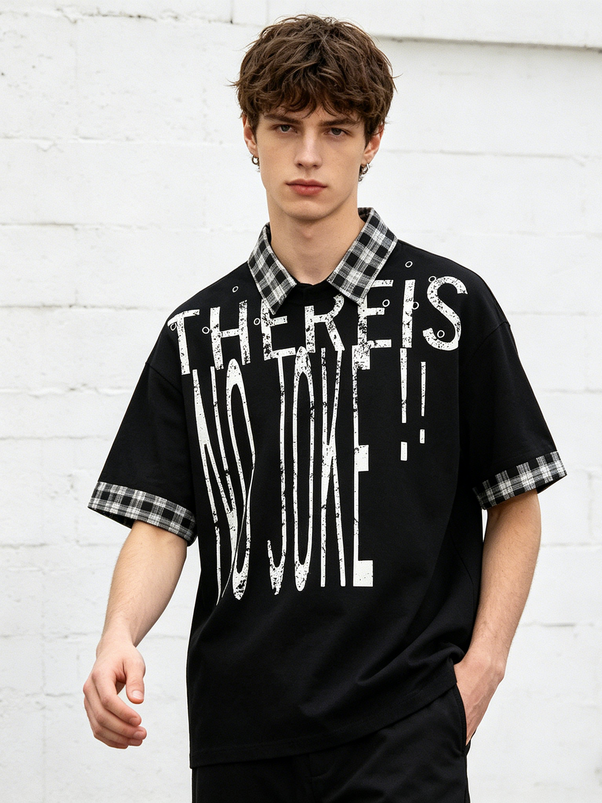 Graffiti Letter Layered-look Patchwork Plaid Polo Shirt