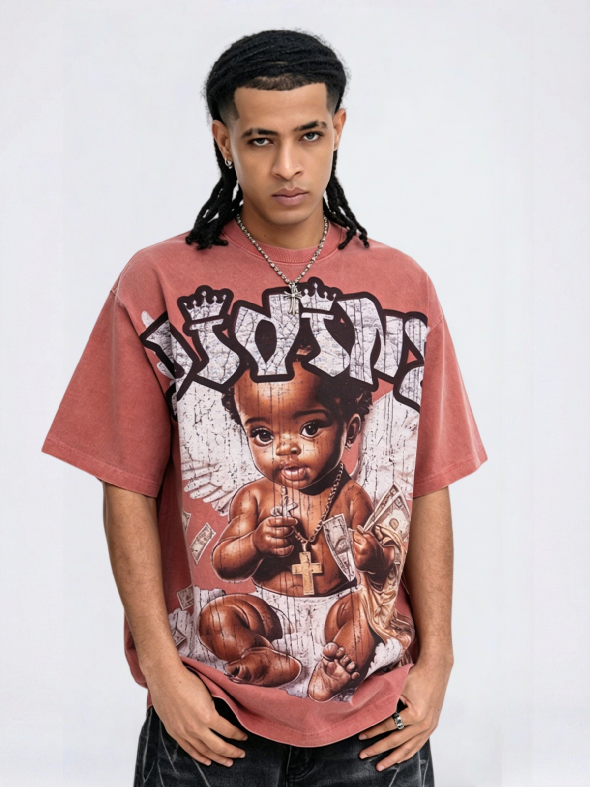 Washing Water Retro Angel Child Printed Loose-fit T-shirts