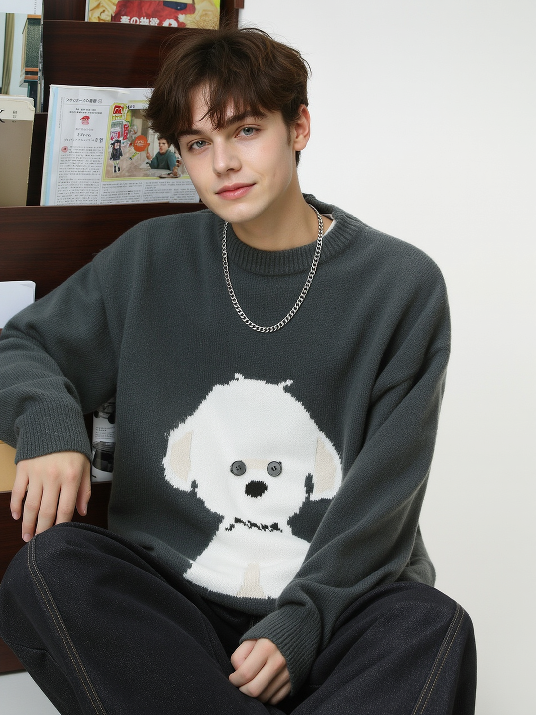Cartoon Puppy Texture Keep Warm Crew Neck Sweater
